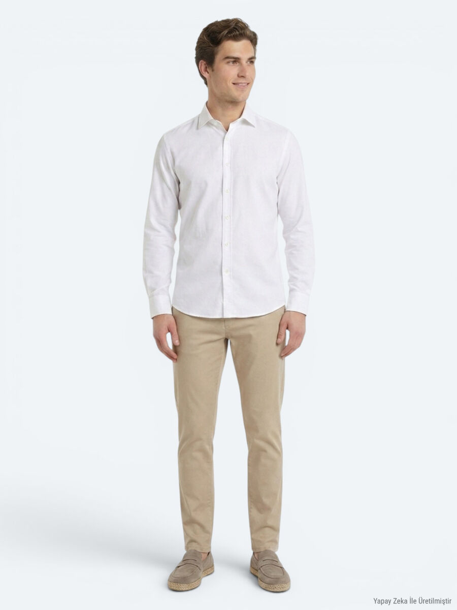 White Regular Fit Long Weaving Classical 100% Cotton Shirt - 3