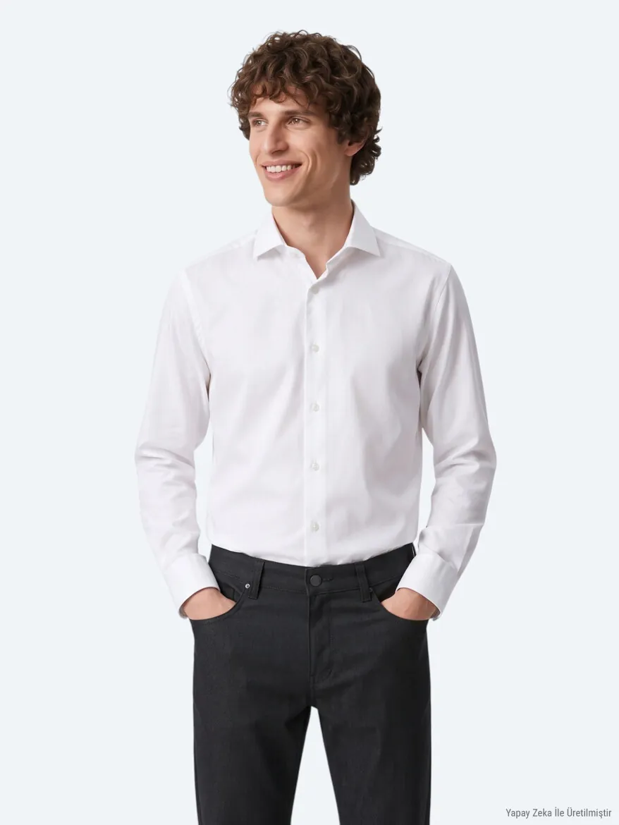White Regular Fit Long Weaving Classical 100% Cotton Shirt - KİP