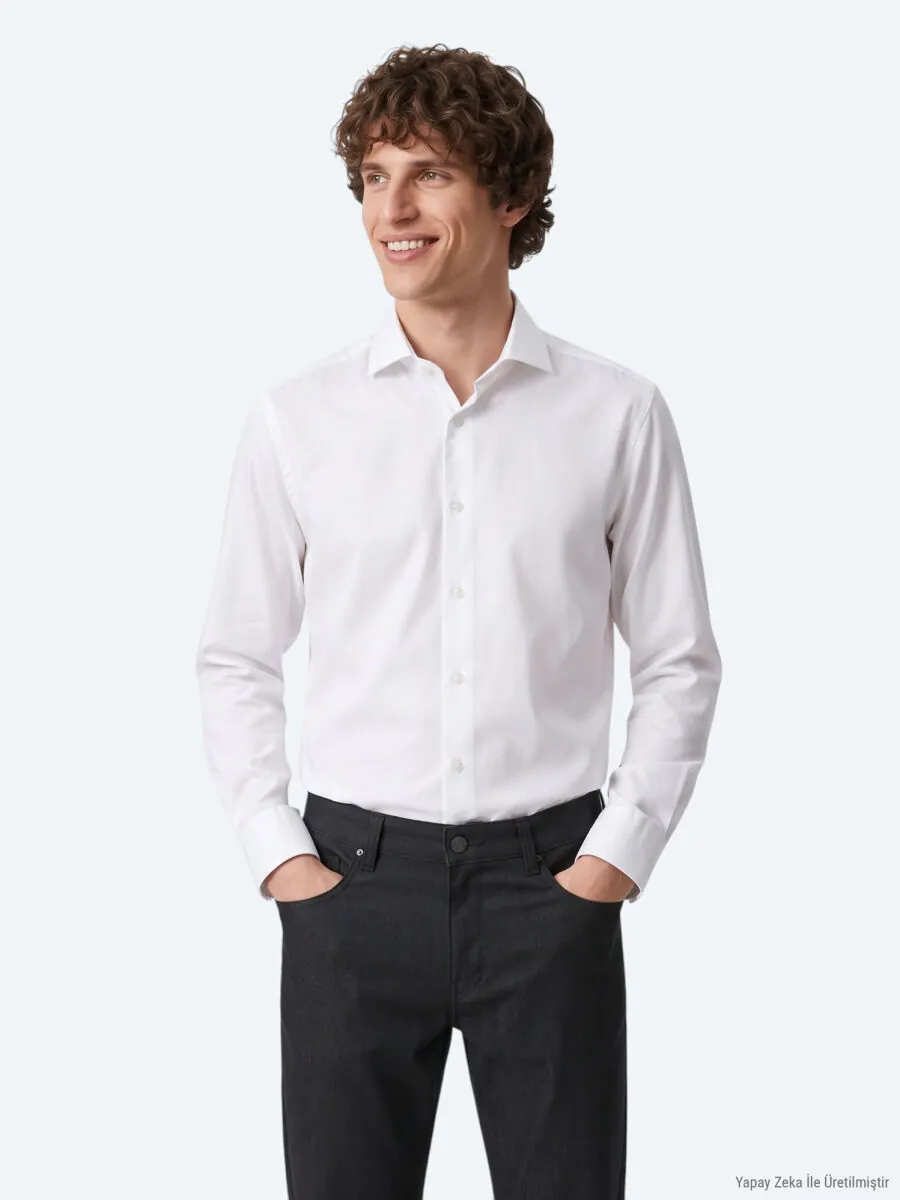 White Regular Fit Long Weaving Classical 100% Cotton Shirt - 1