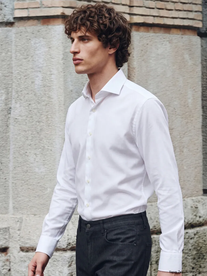 White Regular Fit Long Weaving Classical 100% Cotton Shirt - KİP