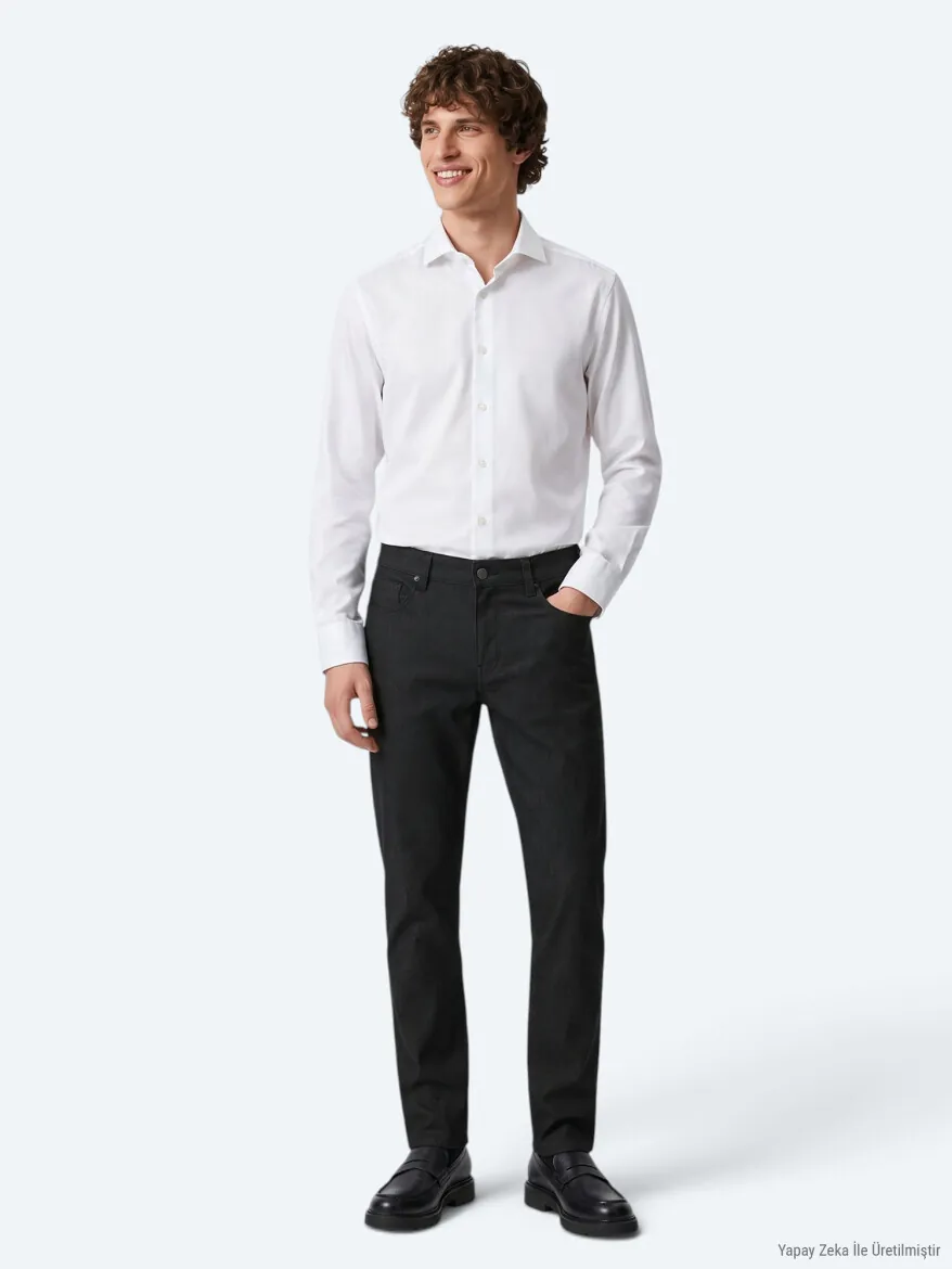 White Regular Fit Long Weaving Classical 100% Cotton Shirt - 3