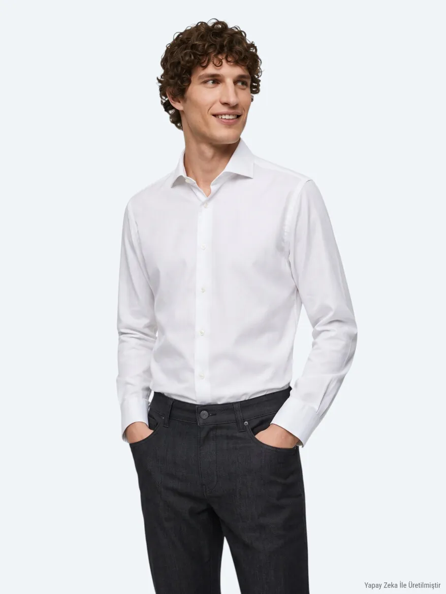 White Regular Fit Long Weaving Classical 100% Cotton Shirt - 4