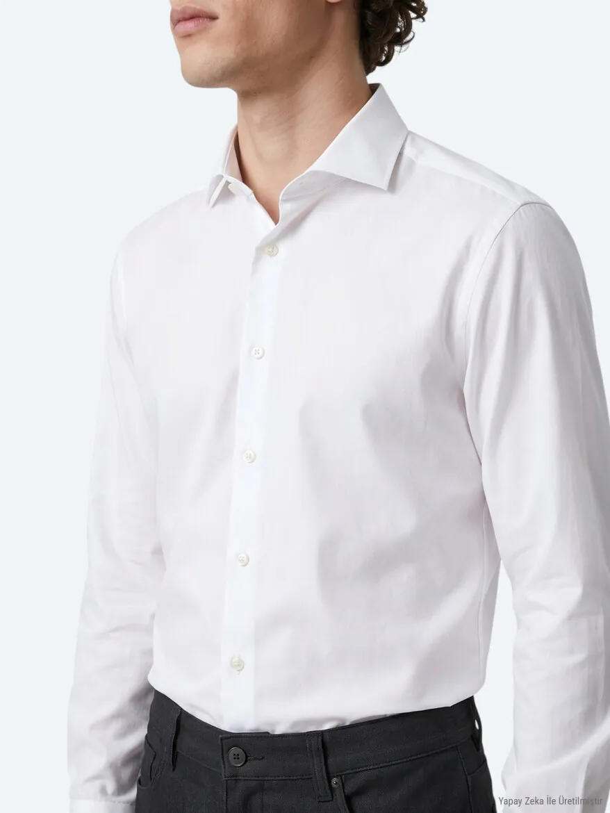 White Regular Fit Long Weaving Classical 100% Cotton Shirt - 5