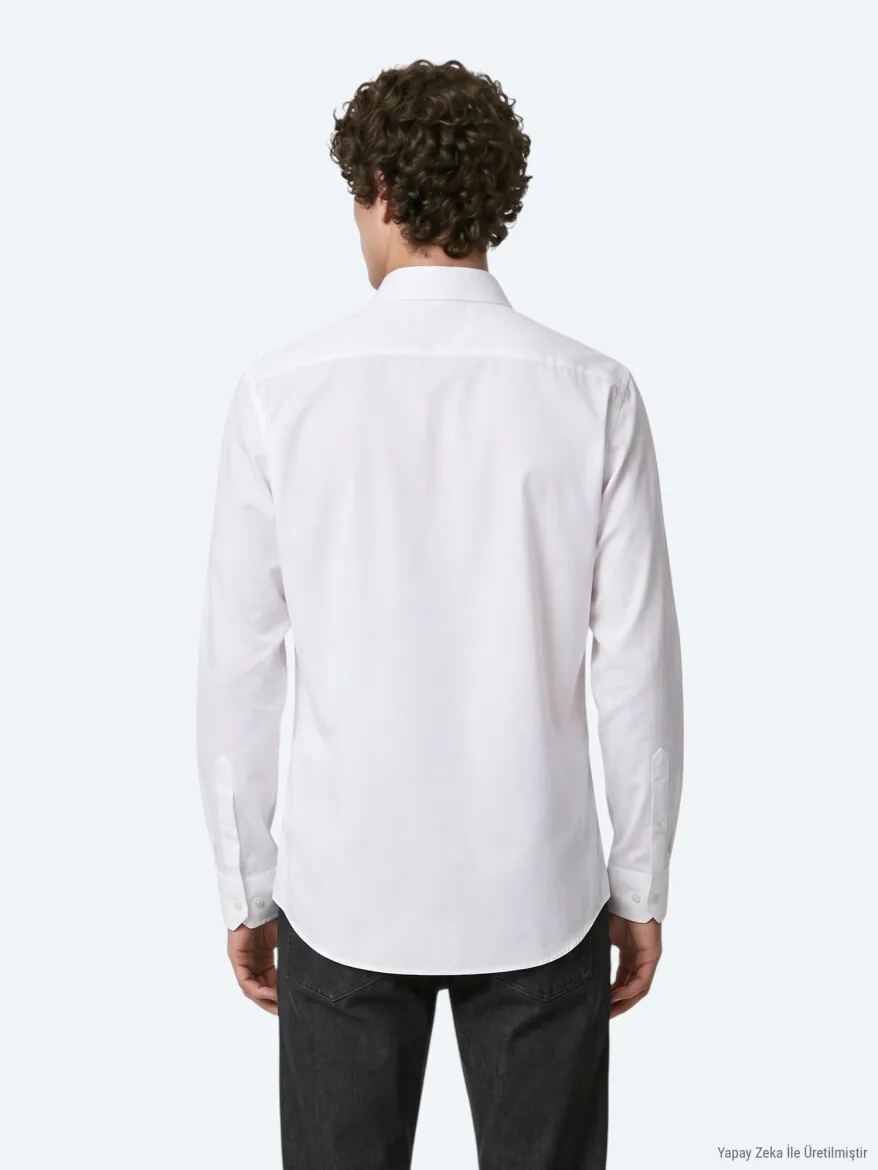 White Regular Fit Long Weaving Classical 100% Cotton Shirt - 6