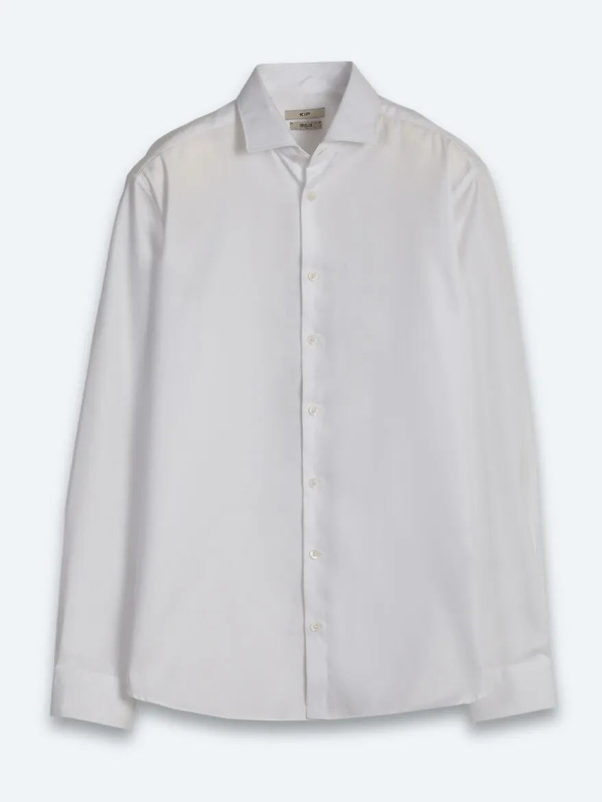 White Regular Fit Long Weaving Classical 100% Cotton Shirt - 7