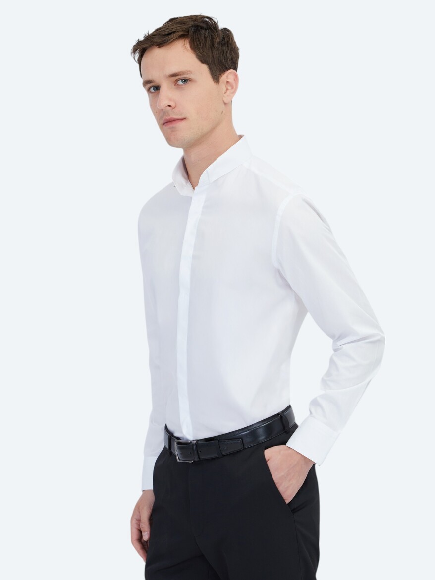 White Regular Fit Long Weaving Classical 100% Cotton Shirt - 3