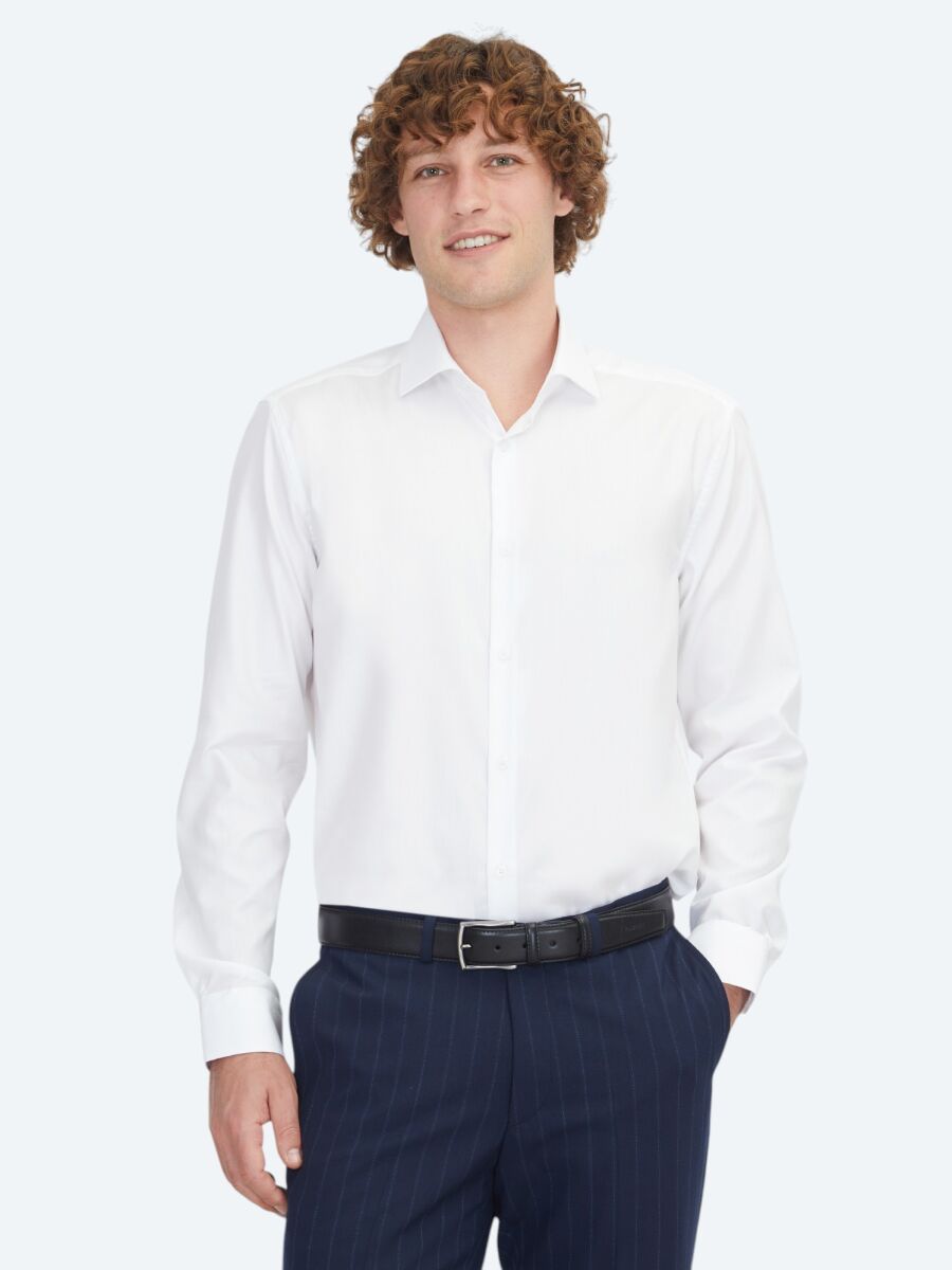 White Regular Fit Long Weaving Classical 100% Cotton Shirt - 1