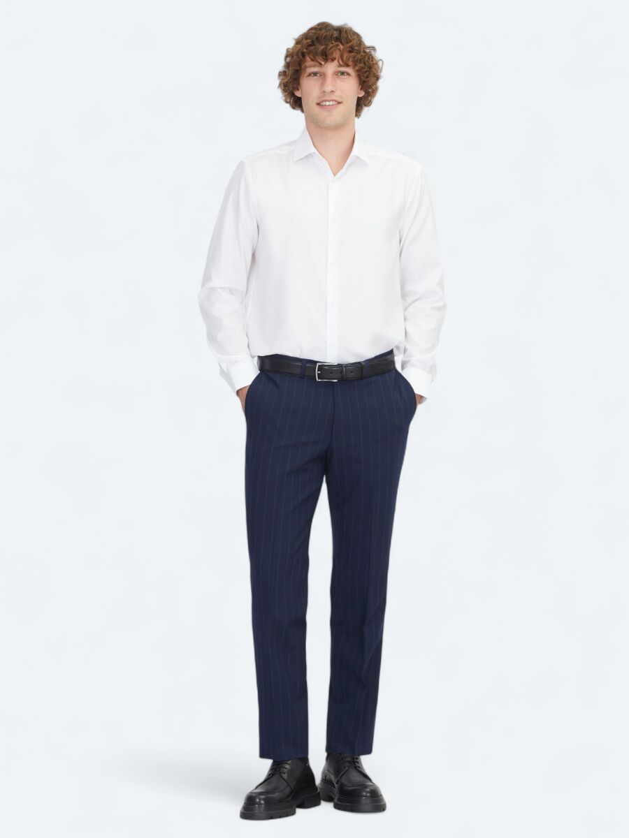 White Regular Fit Long Weaving Classical 100% Cotton Shirt - 2