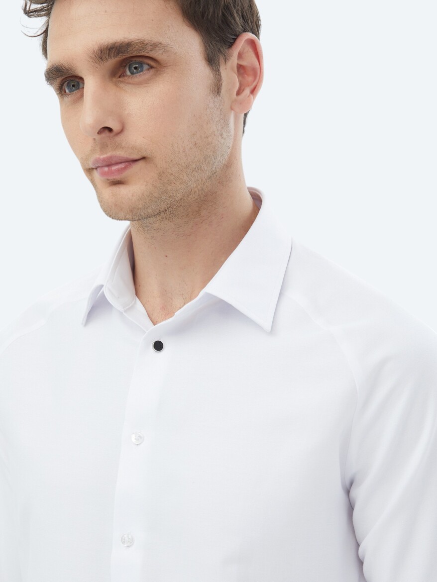 White Regular Fit Long Weaving Classical Cotton Blended Shirt - 5