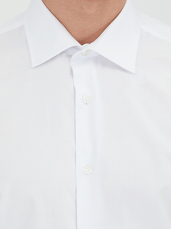 White Regular Fit Long Weaving Classical Cotton Blended Shirt - 3