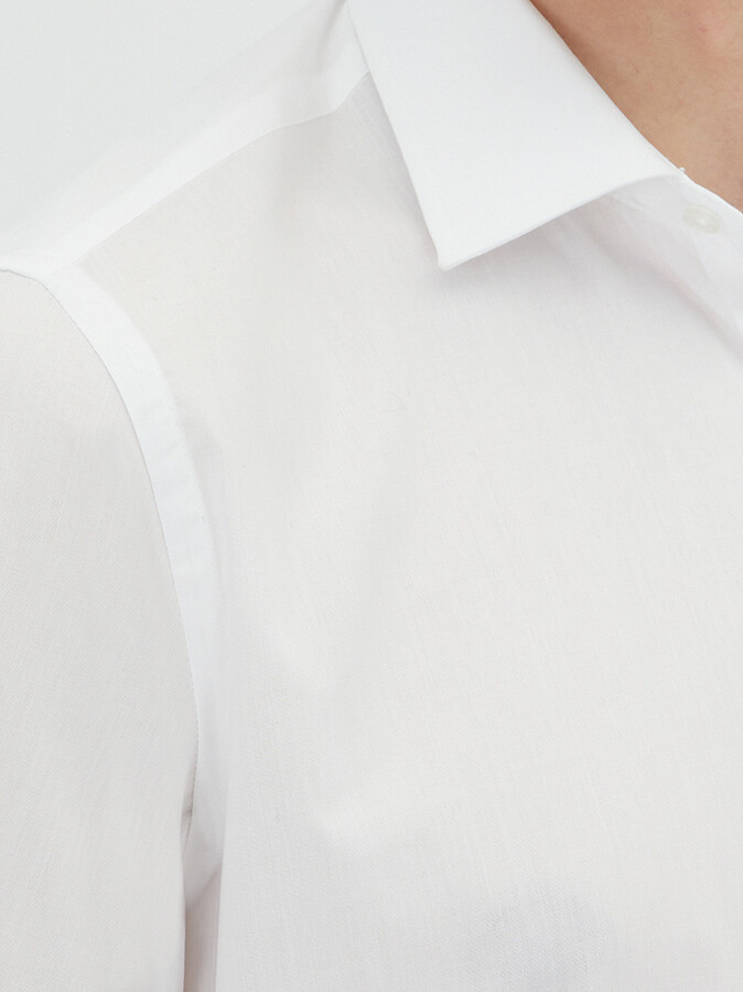 White Regular Fit Long Weaving Classical Cotton Blended Shirt - 3