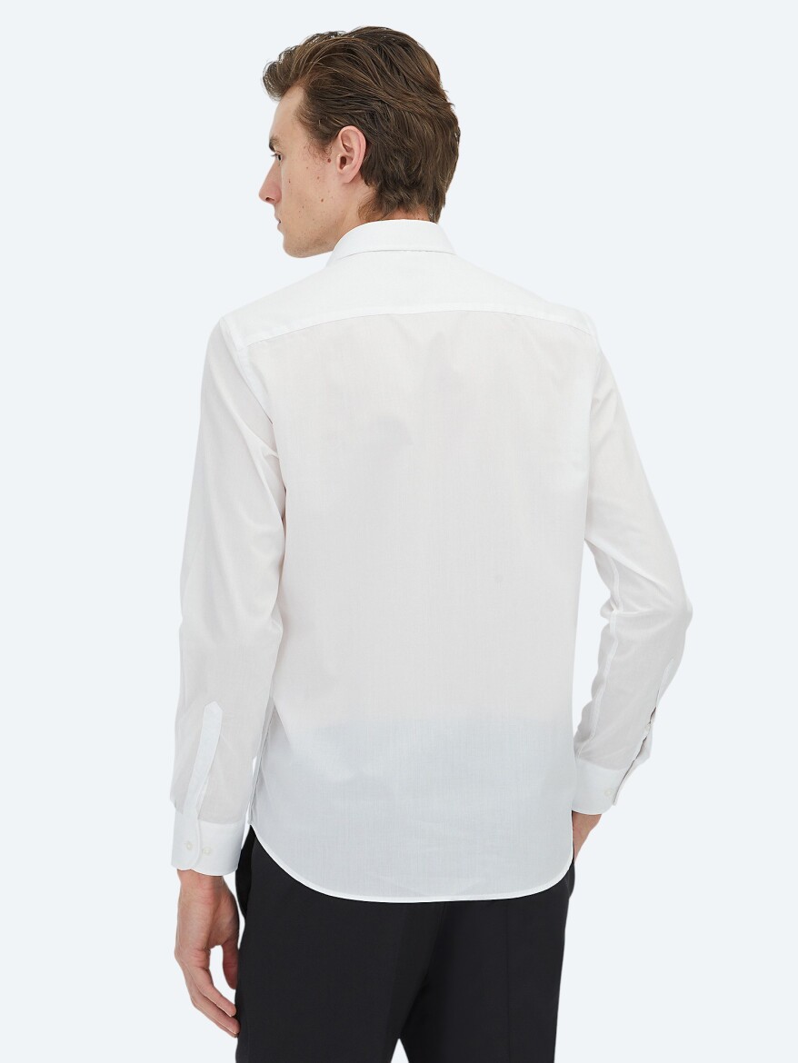 White Regular Fit Long Weaving Classical Cotton Blended Shirt - 5