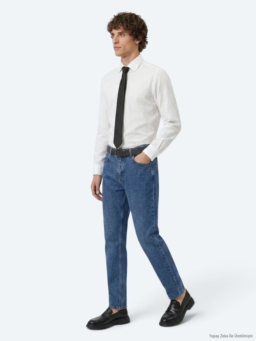 White Regular Fit Long Weaving Classical Cotton Blended Shirt - 4