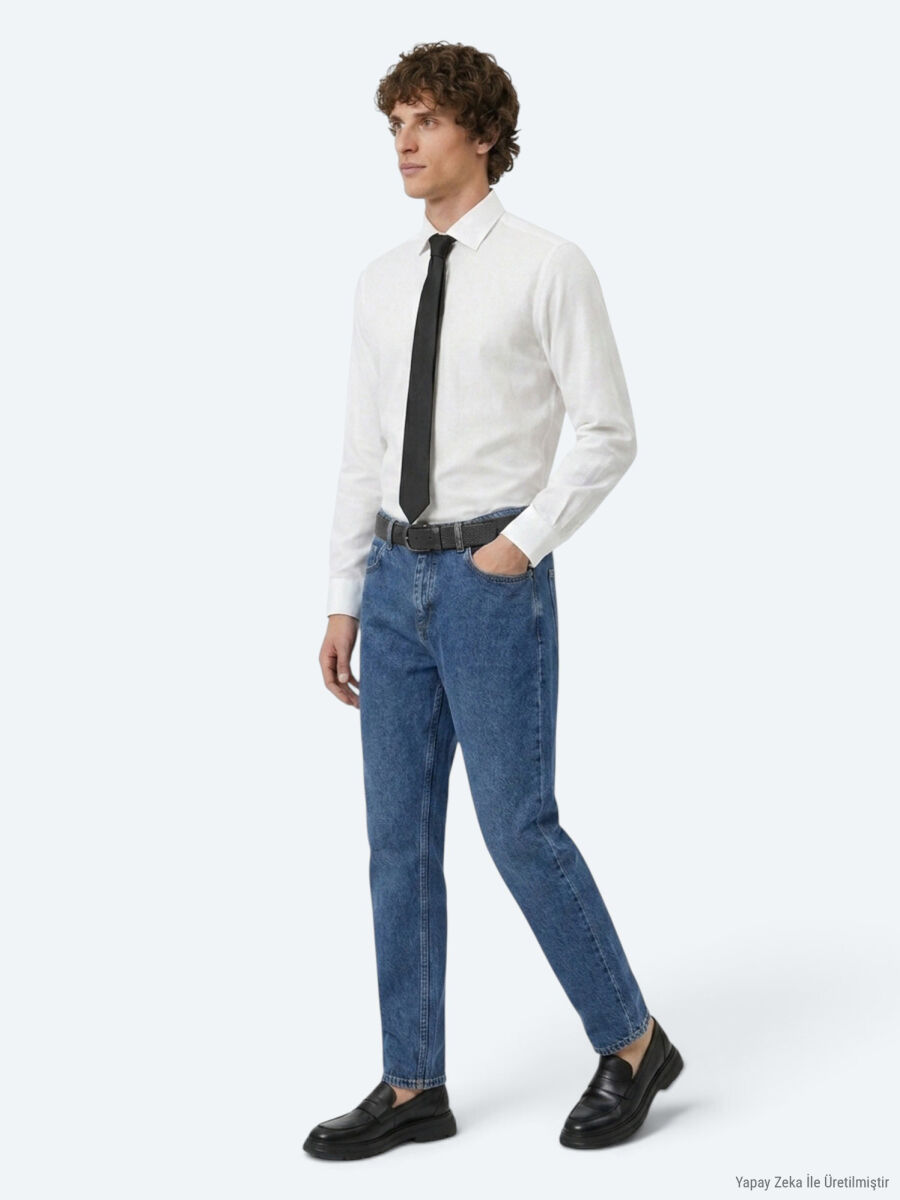 White Regular Fit Long Weaving Classical Cotton Blended Shirt - 4