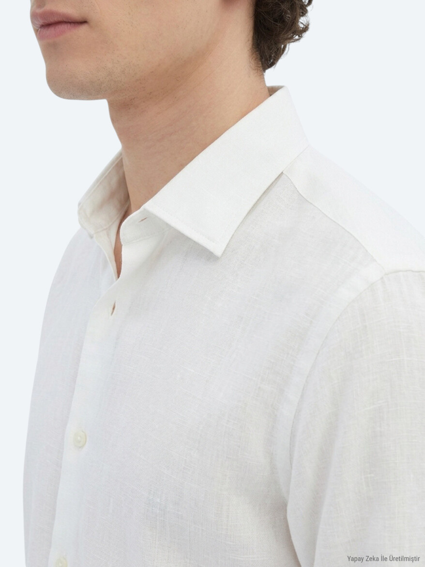 White Regular Fit Long Weaving Classical Cotton Blended Shirt - 5
