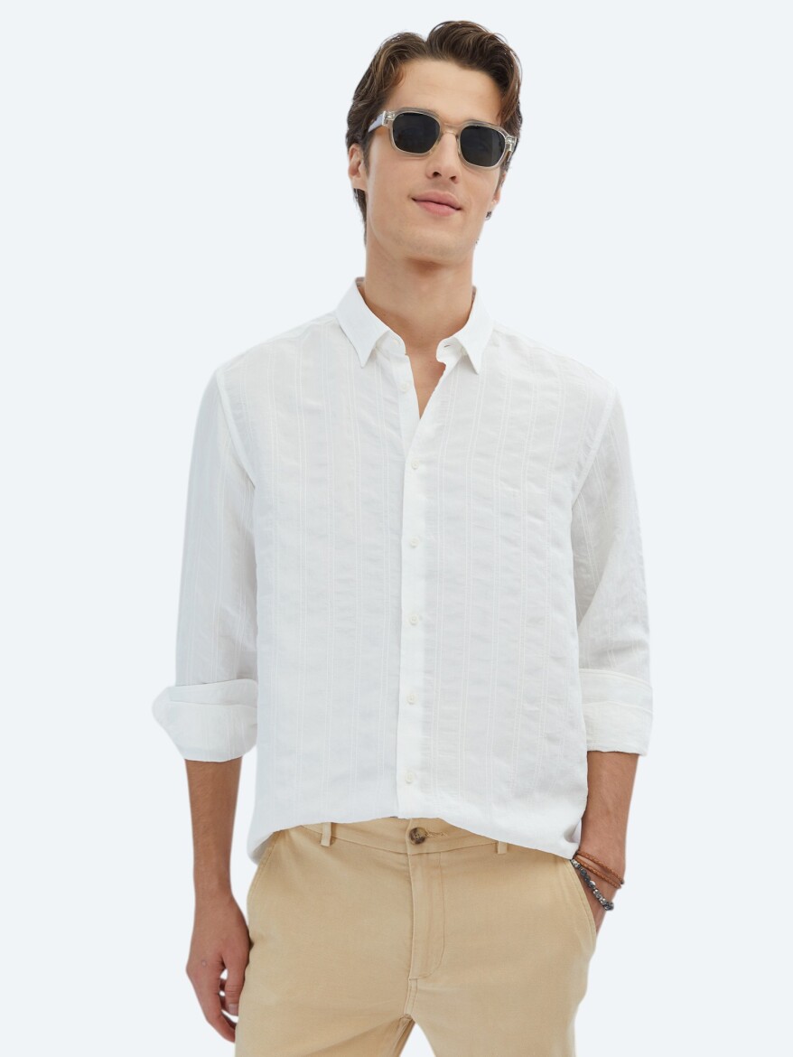 White Regular Fit Long Weaving Classical Shirt - 1