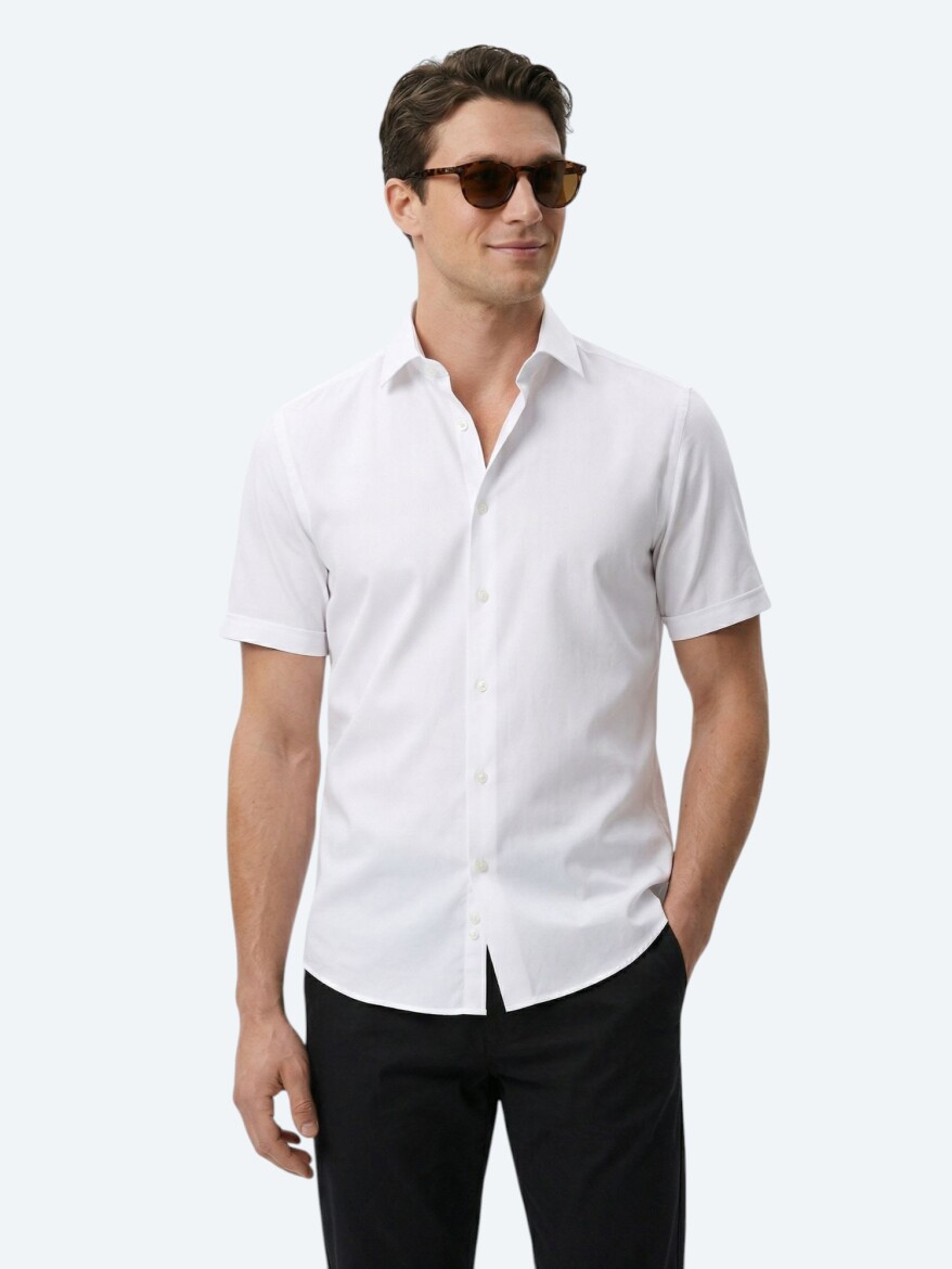 White Regular Fit Short Weaving Classical Cotton Blended Shirt 