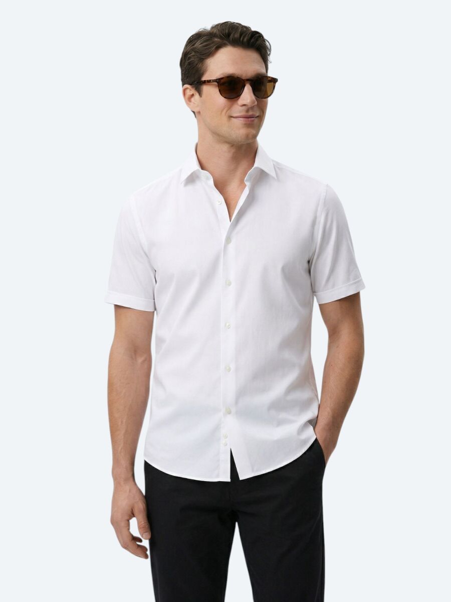 White Regular Fit Short Weaving Classical Cotton Blended Shirt - 1