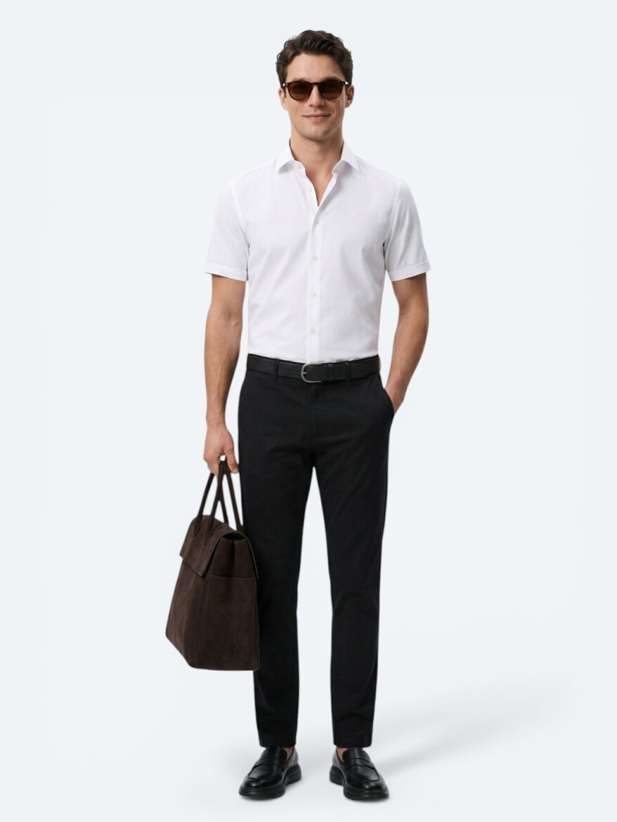 White Regular Fit Short Weaving Classical Cotton Blended Shirt - 2