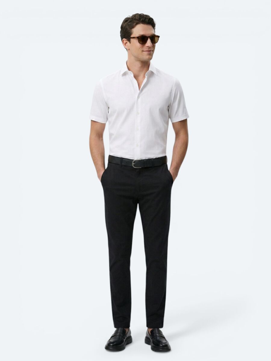 White Regular Fit Short Weaving Classical Cotton Blended Shirt - 3