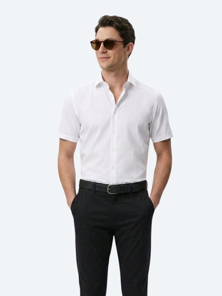 White Regular Fit Short Weaving Classical Cotton Blended Shirt - 4