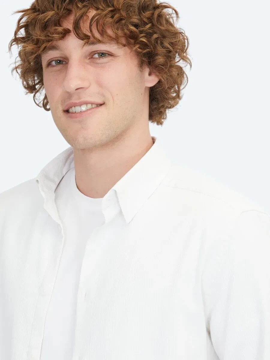 White Regular Fit Weaving Casual Cotton Blended Shirt - 3