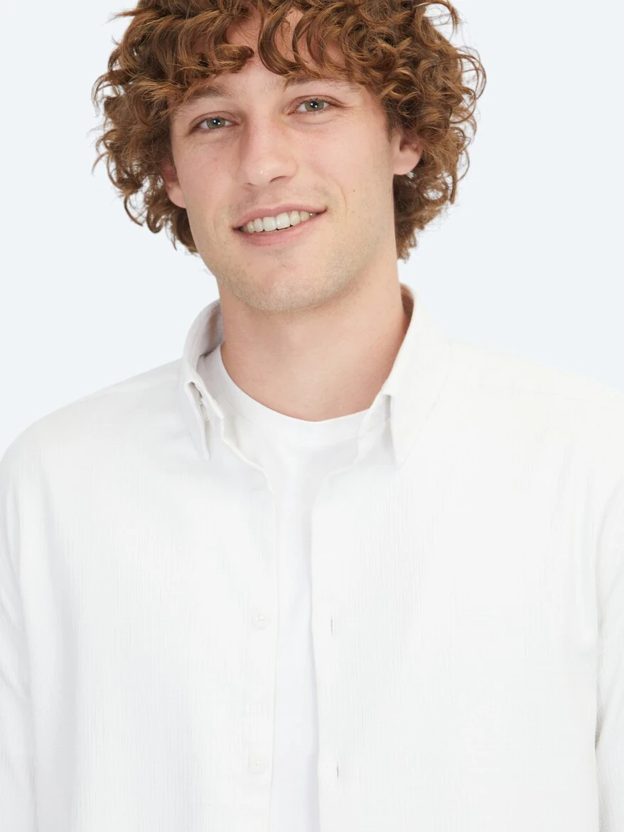 White Regular Fit Weaving Casual Cotton Blended Shirt - KİP