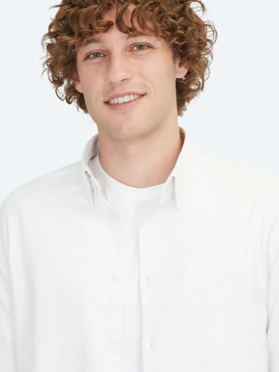 White Regular Fit Weaving Casual Cotton Blended Shirt - 4