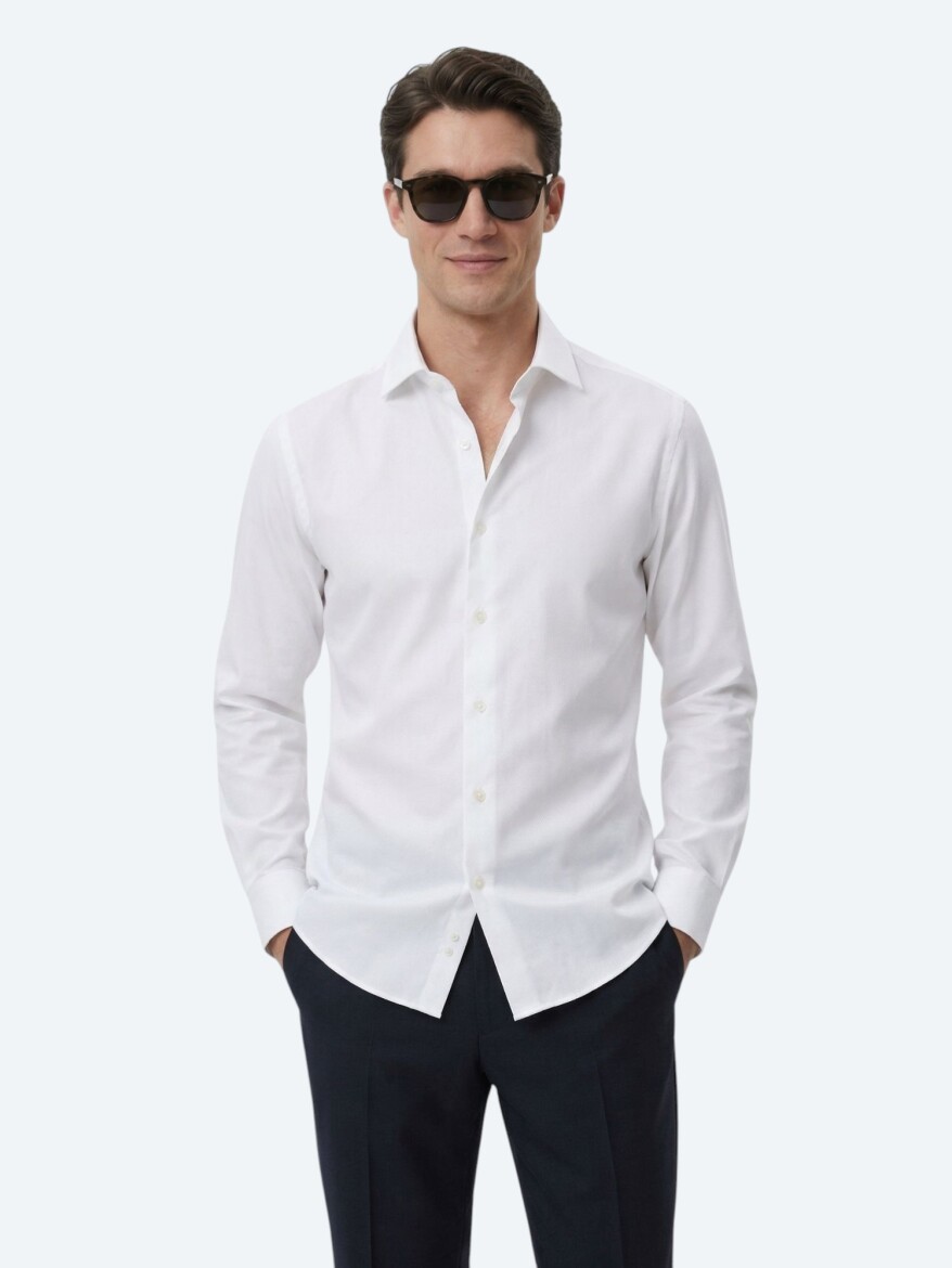 White Regular Fit Weaving Classical 100% Cotton Shirt - KİP