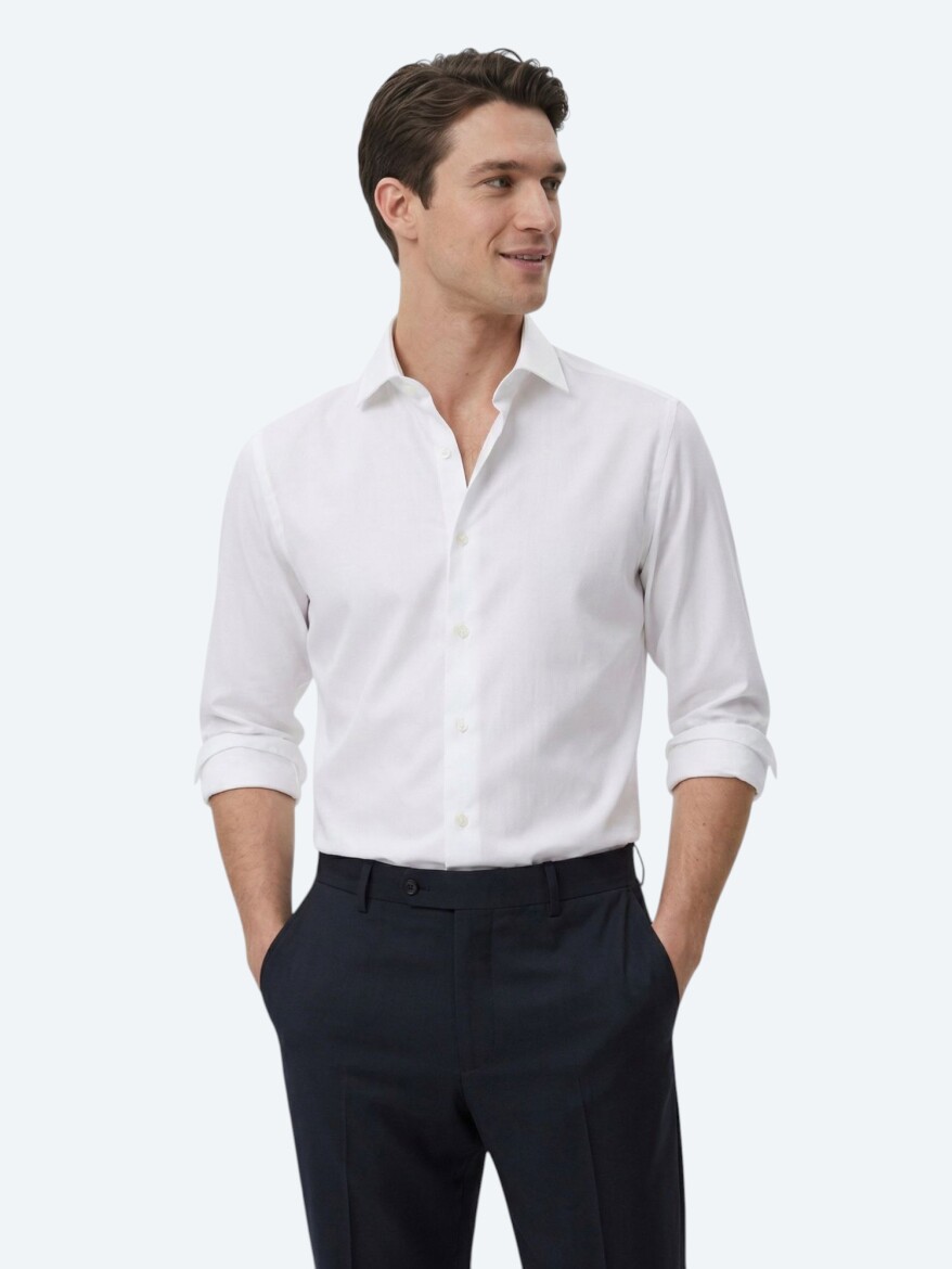 White Regular Fit Weaving Classical 100% Cotton Shirt - 4