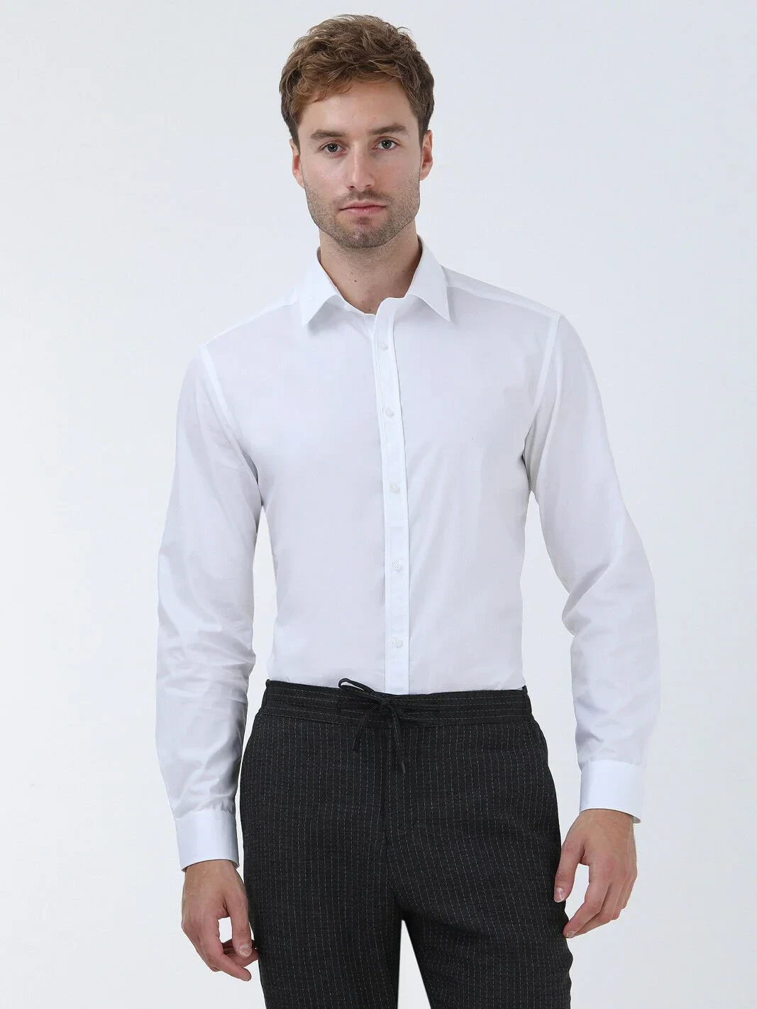 White Regular Fit Weaving Classical 100% Cotton Shirt - 1