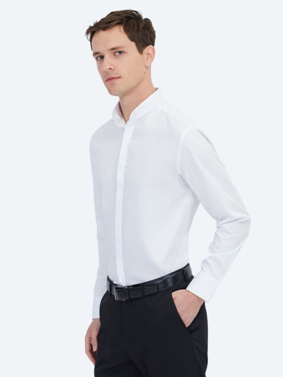 White Regular Fit Weaving Classical 100% Cotton Shirt - 3