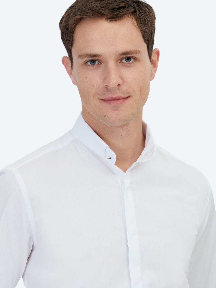 White Regular Fit Weaving Classical 100% Cotton Shirt - 4