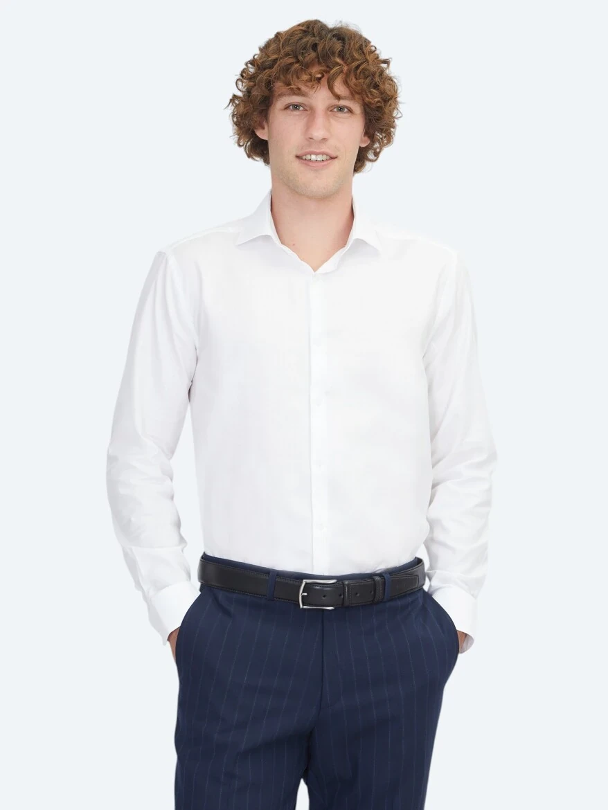 White Regular Fit Weaving Classical 100% Cotton Shirt - 1