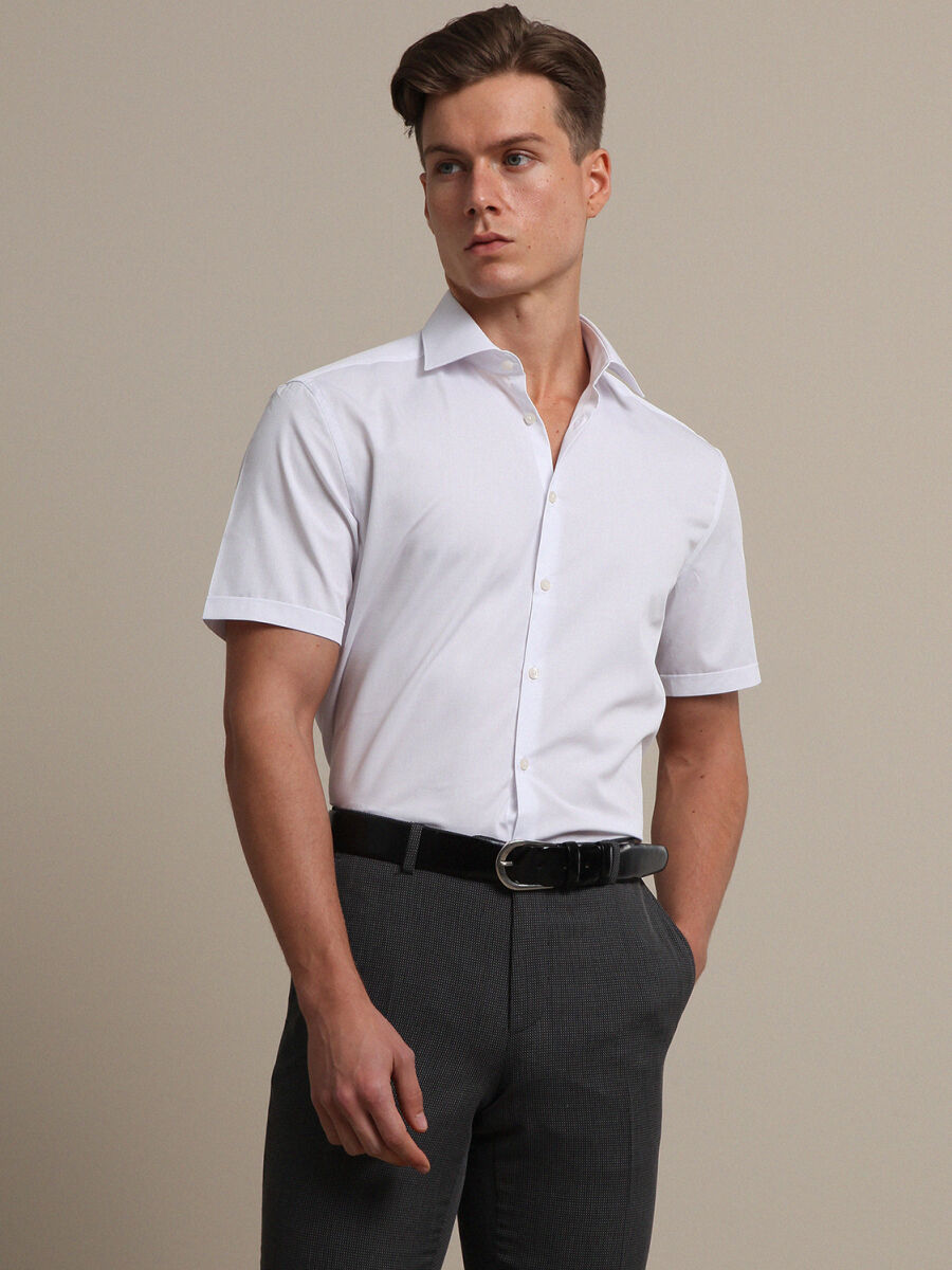 White Regular Fit Weaving Classical Cotton Blended Shirt - 3