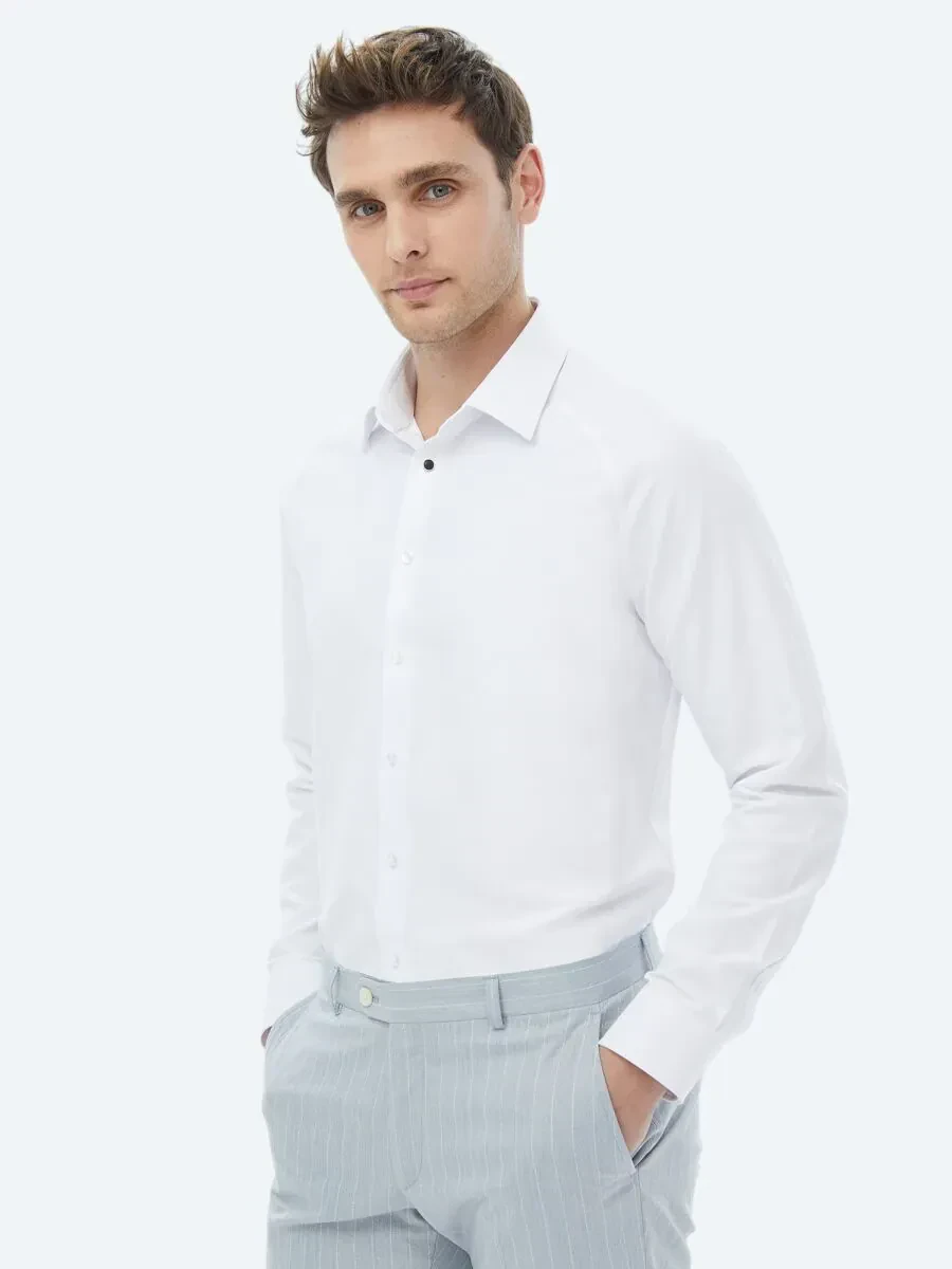 White Regular Fit Weaving Classical Cotton Blended Shirt - 7