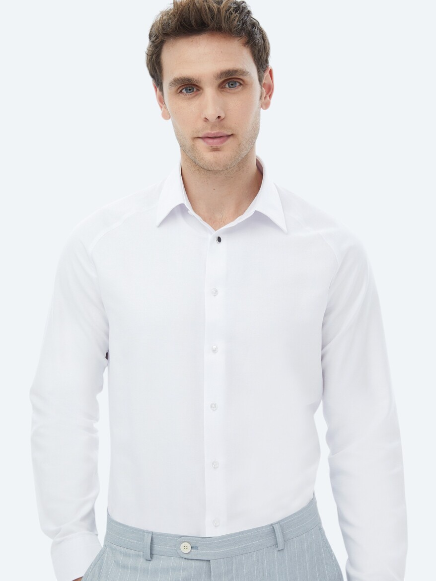 White Regular Fit Weaving Classical Cotton Blended Shirt - 4