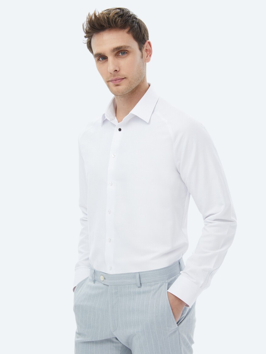 White Regular Fit Weaving Classical Cotton Blended Shirt - 7