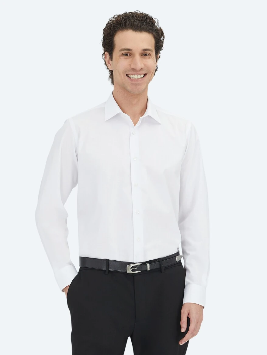White Regular Fit Weaving Classical Cotton Blended Shirt - KİP