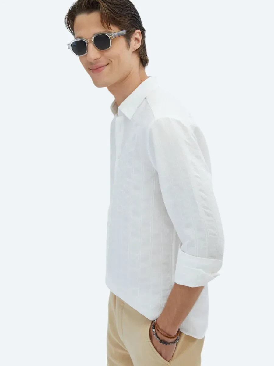 White Regular Fit Weaving Classical Shirt - 3