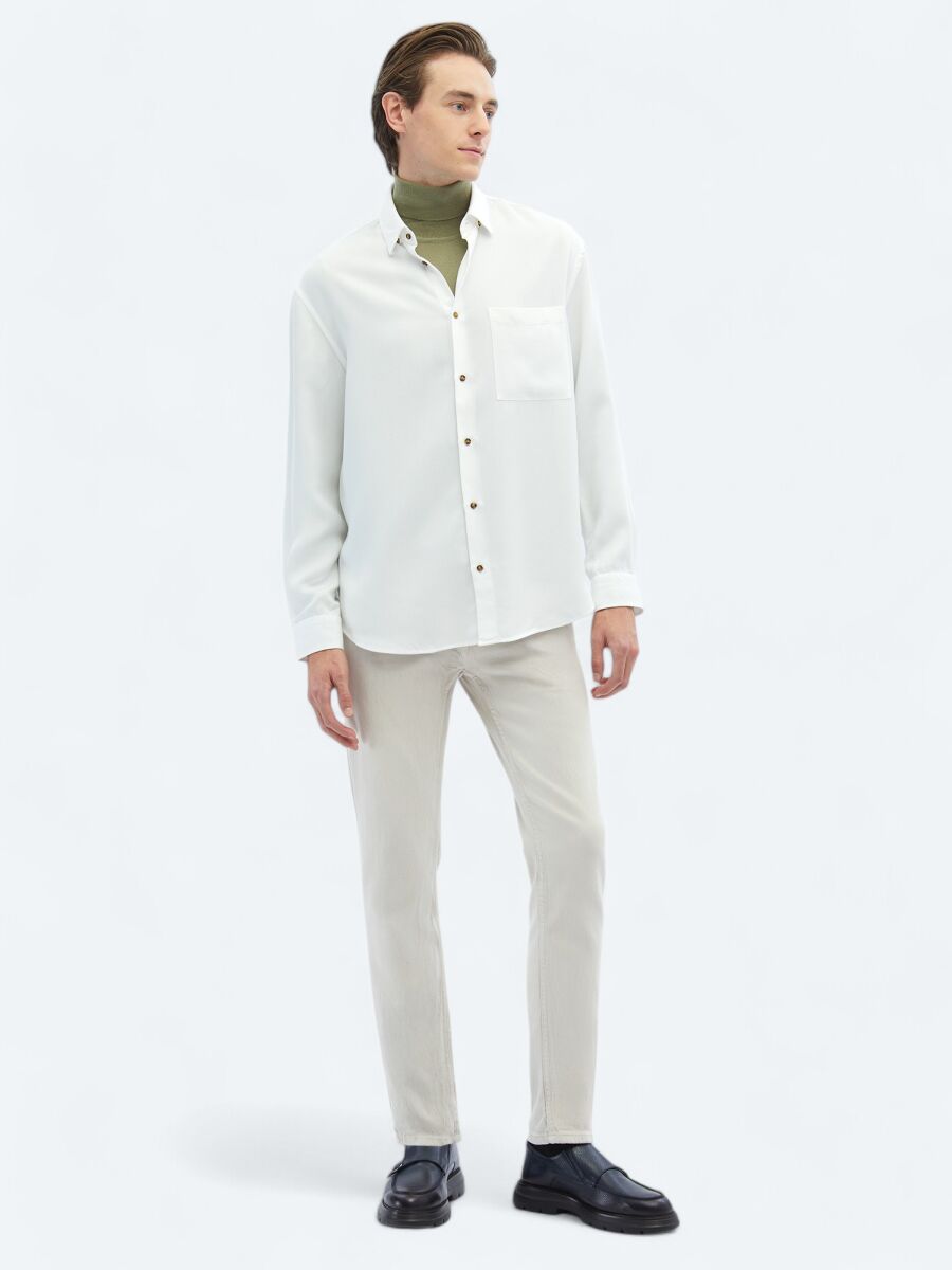 White Ribbed Oversize Fit Long Weaving Casual Shirt - 2