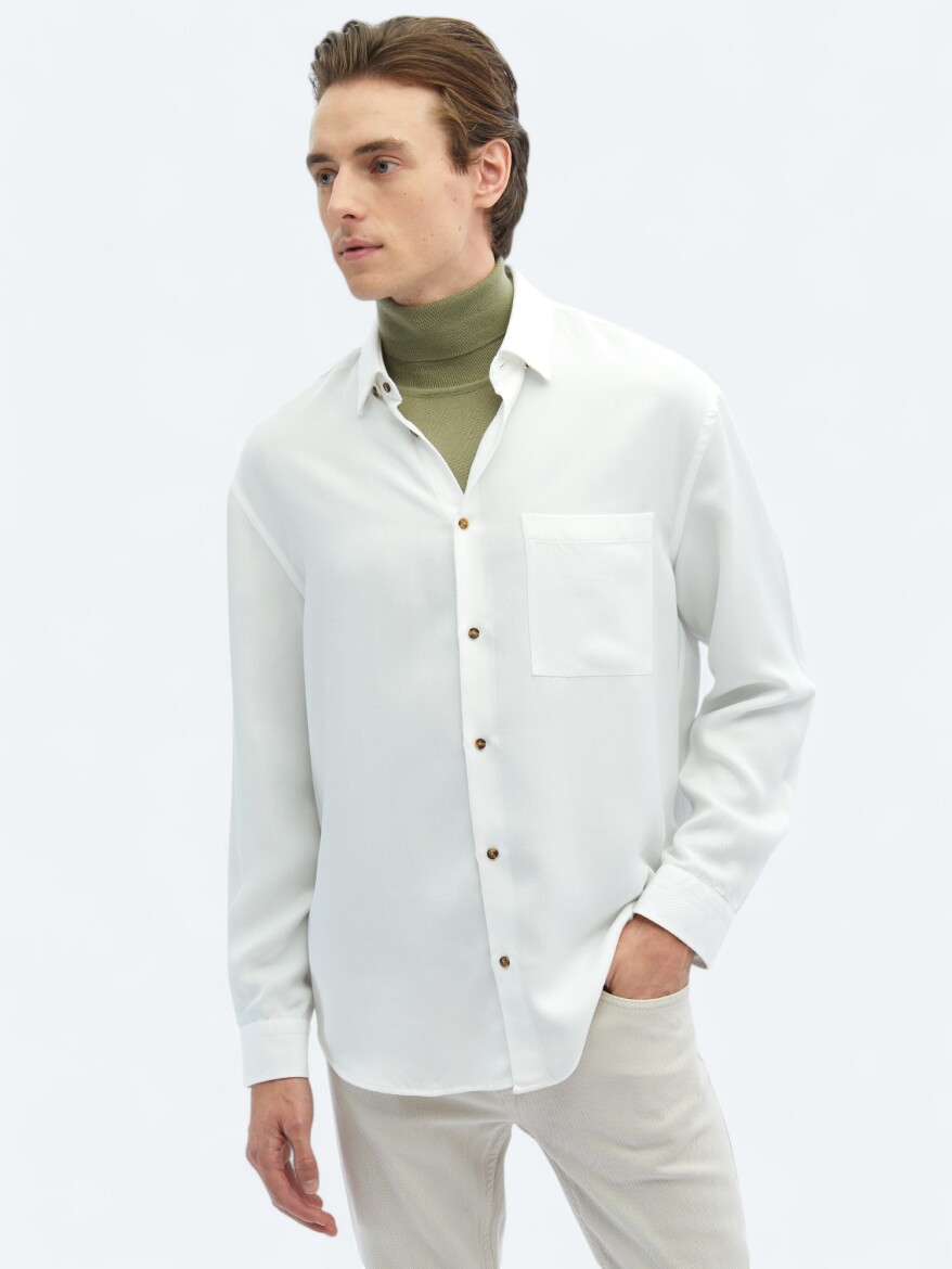 White Ribbed Oversize Fit Long Weaving Casual Shirt - 4