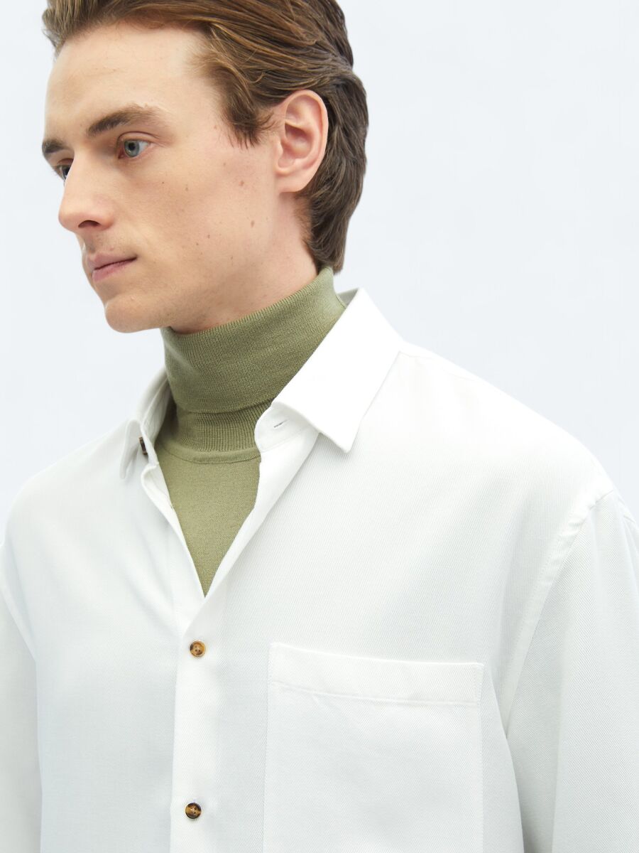 White Ribbed Oversize Fit Long Weaving Casual Shirt - 5