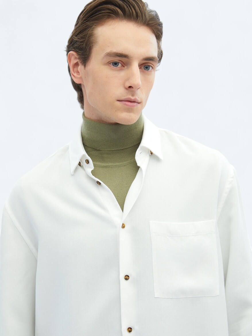 White Ribbed Oversize Fit Long Weaving Casual Shirt - 6