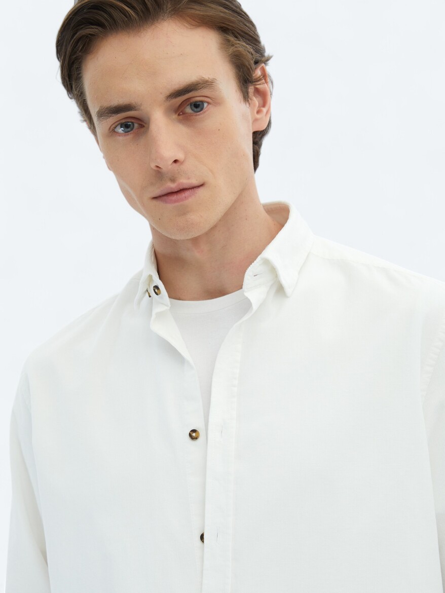 White Ribbed Regular Fit Long Weaving Casual 100% Cotton Shirt - 5