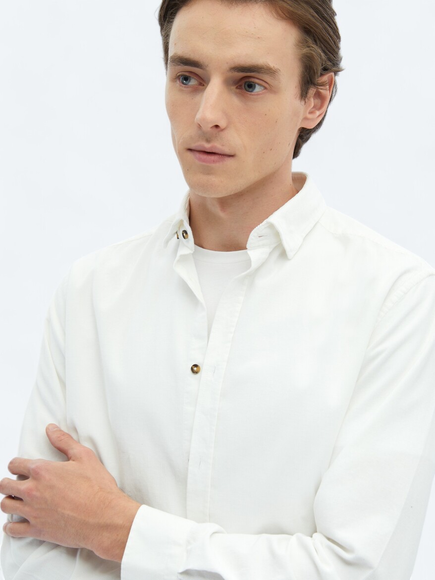 White Ribbed Regular Fit Long Weaving Casual 100% Cotton Shirt - 6