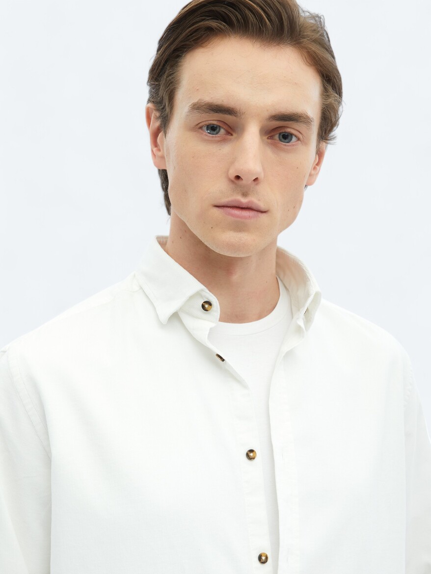 White Ribbed Regular Fit Long Weaving Casual 100% Cotton Shirt - 7