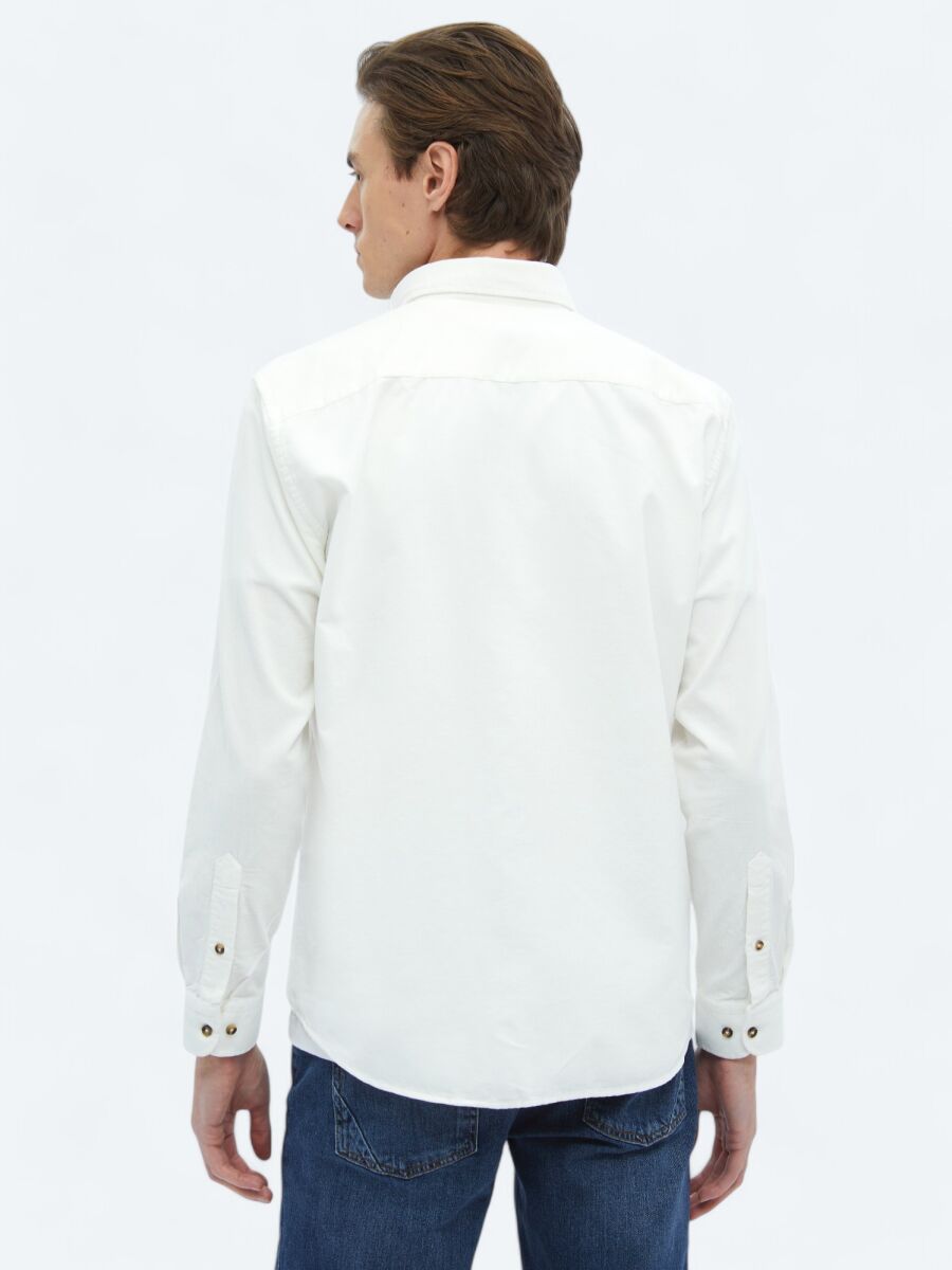 White Ribbed Regular Fit Long Weaving Casual 100% Cotton Shirt - 8