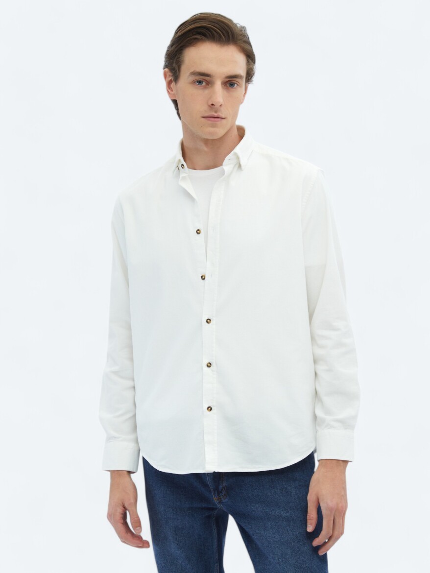 White Ribbed Regular Fit Weaving Casual 100% Cotton Shirt - 4