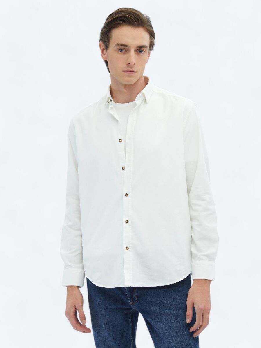 White Ribbed Regular Fit Weaving Casual 100% Cotton Shirt - 4